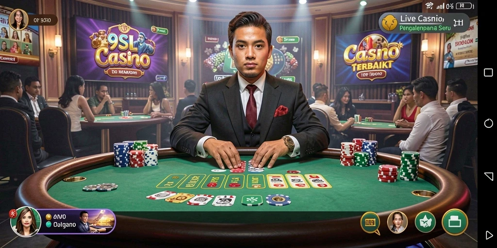 Screenshot utama 9SL yang menampilkan dealer dan meja permainan Live Casino.