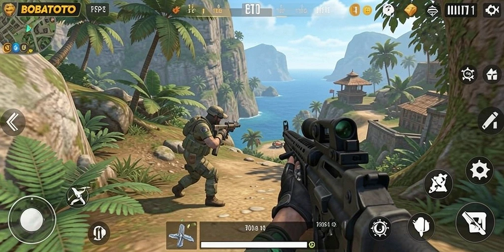 Tampilan intens gameplay BOBATOTO dengan aksi tembak-menembak seru.
