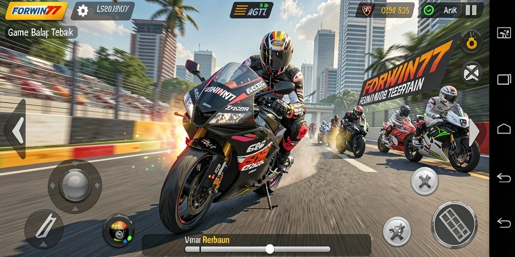 Gameplay seru FORWIN77 dengan balapan motor yang mendebarkan.