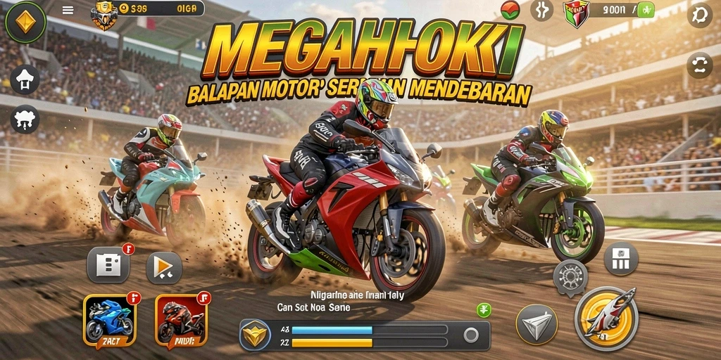 Gameplay seru balapan motor di MEGAHOKI yang mendebarkan.