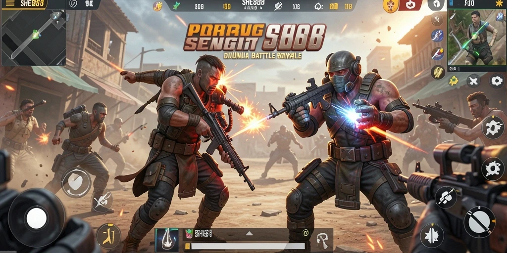 Screenshot gameplay <strong>SHE888</strong> menampilkan aksi Battle Royale yang seru.