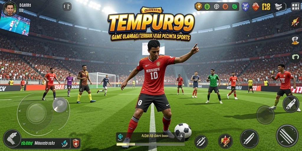 Tangkapan layar utama TEMPUR99 menampilkan aksi seru pemain dalam pertandingan olahraga.