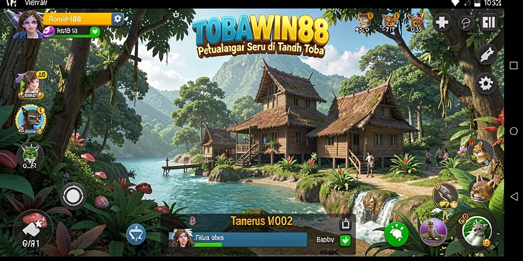 Screenshot gameplay TOBAWIN88 menampilkan petualangan seru di kawasan Danau Toba.